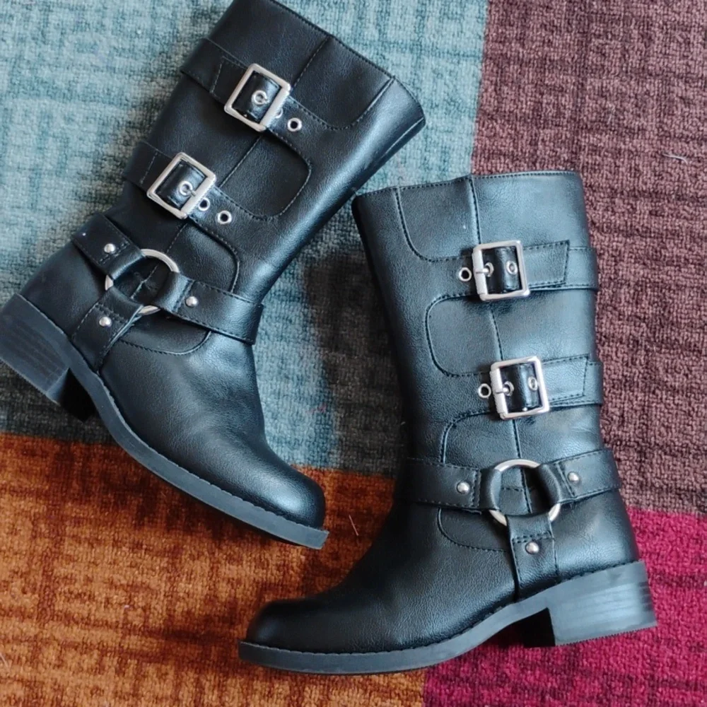 Girls Black Buckle Strap Boots, Winter Boots